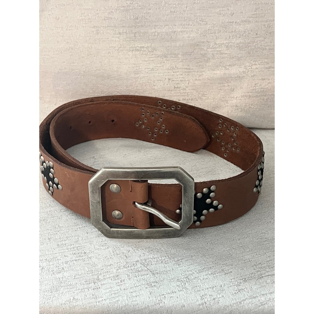 Free People Brown Leather Studded Star Belt Silver Buckle XS/S Boho hippie stone - Picture 1 of 3